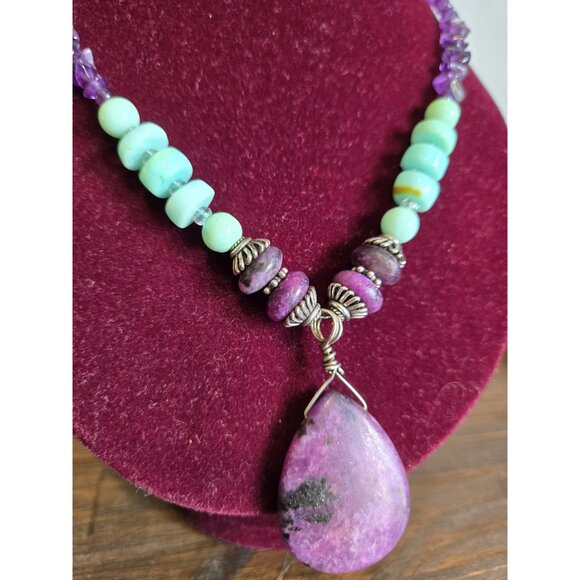 Chunky Multistone Necklace w Sugilite Pendant & Sterling Silver Purple & Aqua - Picture 4 of 9